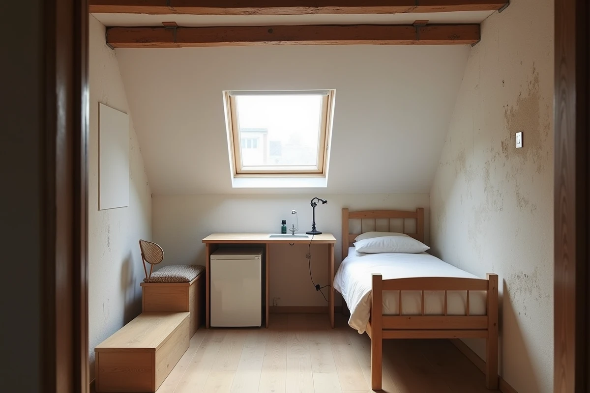 Chambre de service aménagée sous les toits d'un immeuble haussmannien avec plafond mansardé et vasistas