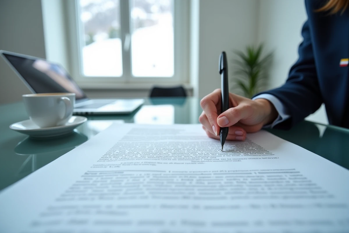 Gros plan sur une clause juridique d'un contrat immobilier andorran examinée par une avocate