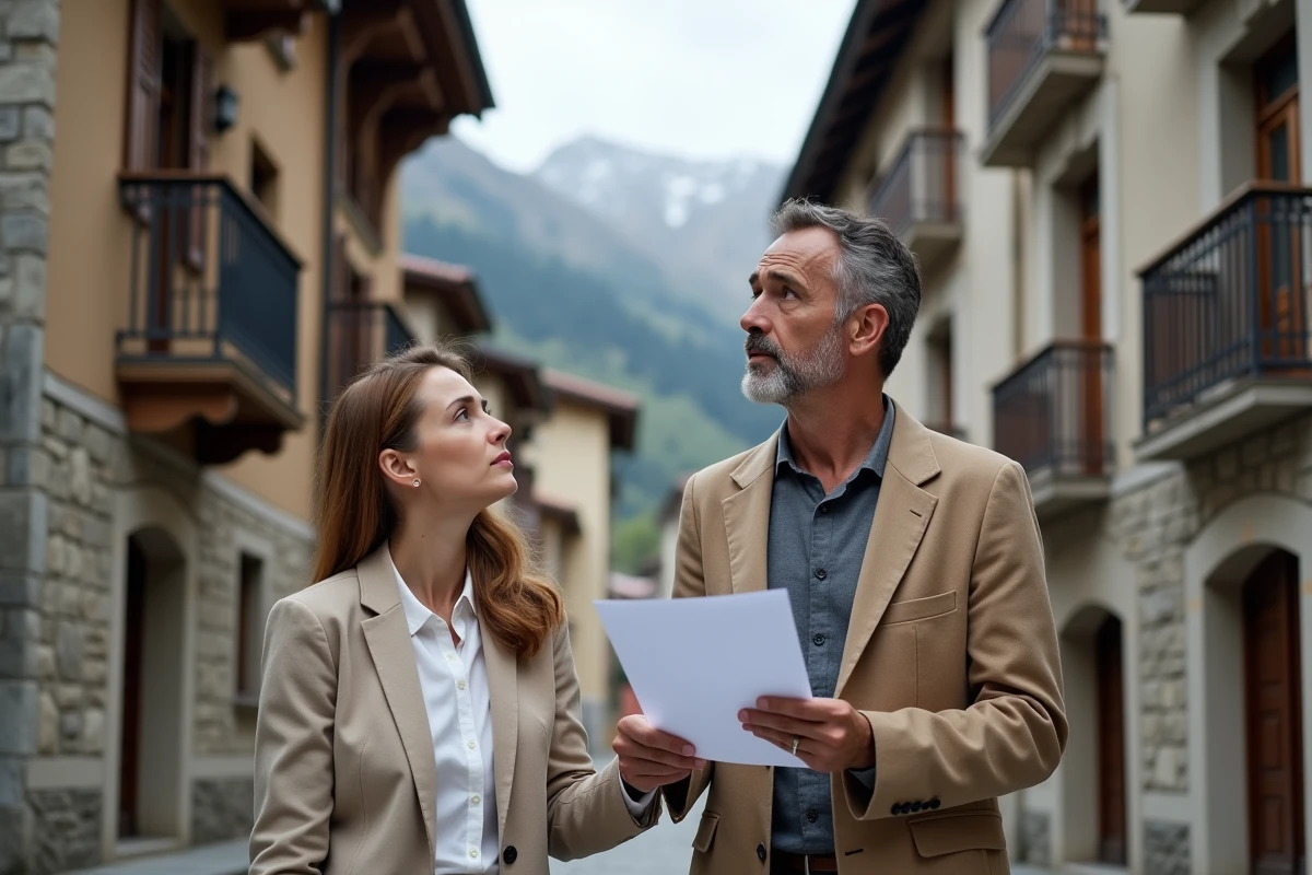 Couple évaluant une propriété immobilière en Andorre devant un bâtiment traditionnel en pierre