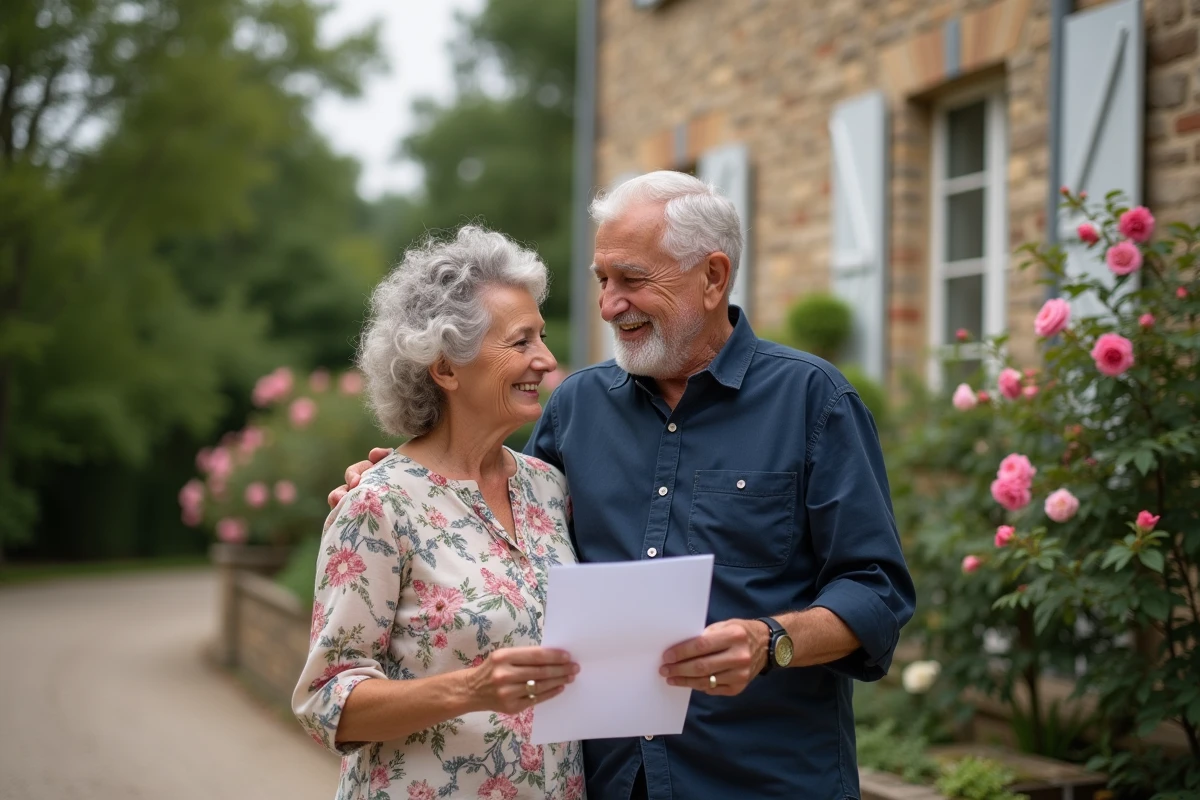 Couple de seniors devant leur maison en pierre tenant des documents de viager, symbole du patrimoine immobilier et de la rente viagère