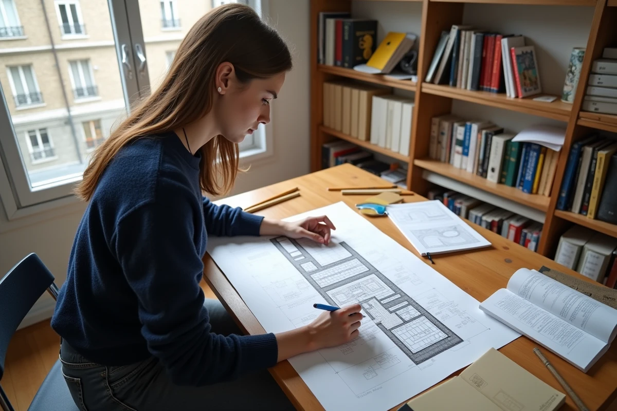 Étudiante dessinant un schéma d'immeuble haussmannien sur papier millimétré entourée de manuels de géographie, activité pédagogique pour lycéens