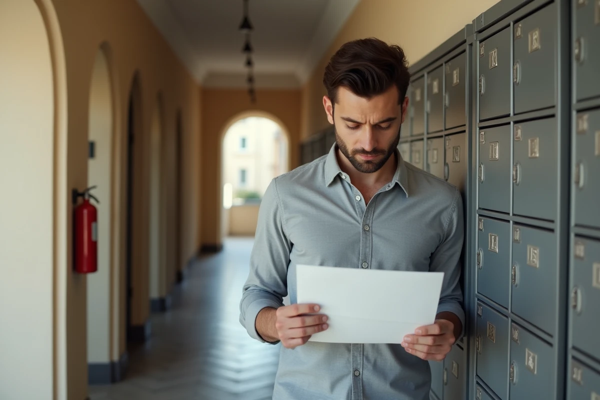 Locataire s'apprêtant à déposer une lettre de préavis recommandée dans les boîtes aux lettres de son immeuble