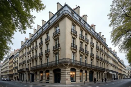 Façade d'immeuble haussmannien à Paris avec balcons en fer forgé et toiture en zinc mansardée, illustration architecturale pour cours d'histoire-géographie
