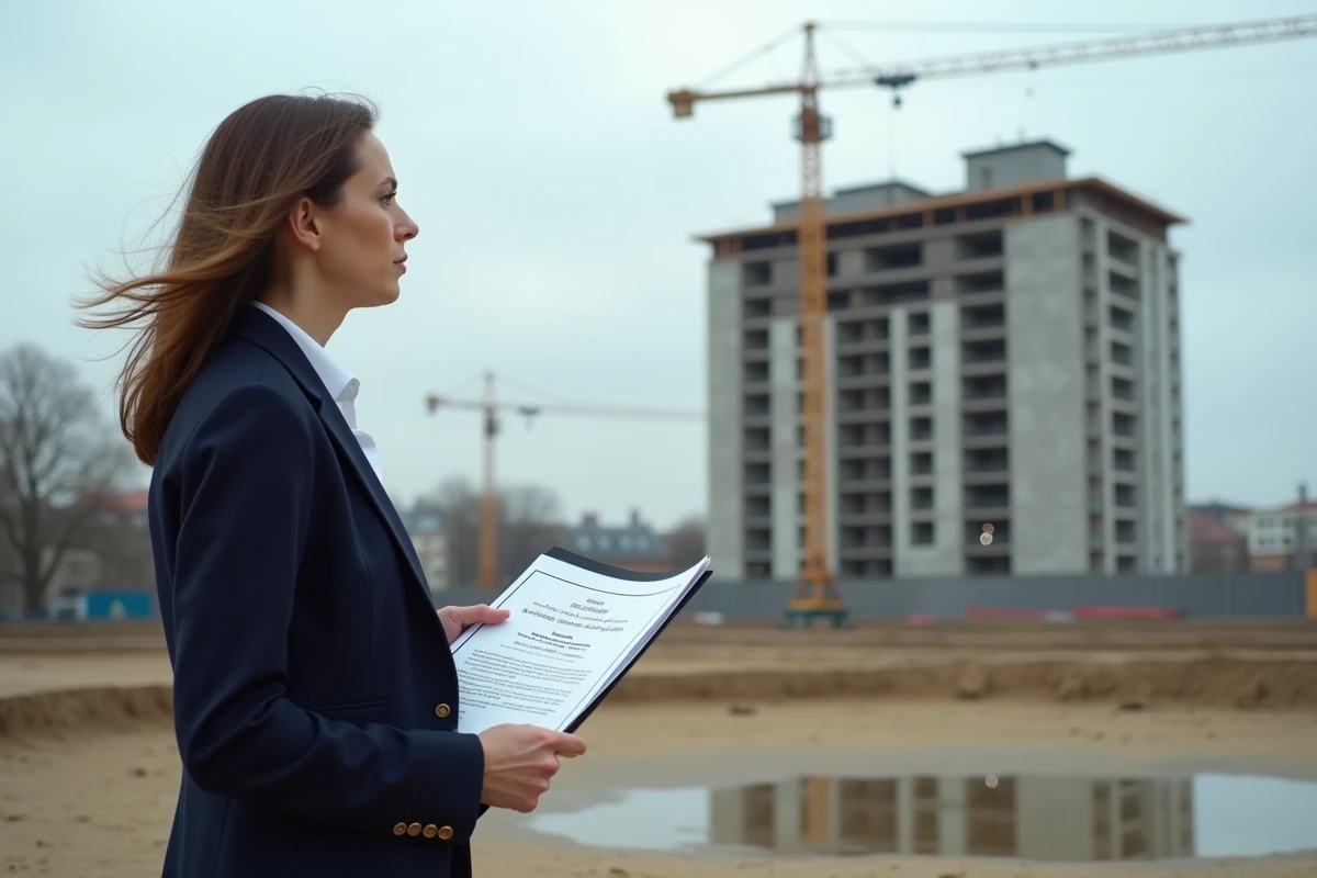 Femme professionnelle tenant un certificat d'urbanisme sur un terrain constructible face à un chantier de construction en milieu urbain