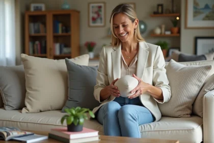 Femme en blazer et jeans arrangeant des coussins dans un salon moderne
