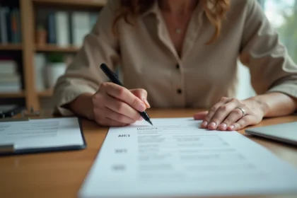 Femme remplissant un formulaire administratif avec l'abréviation d'appartement dans le champ adresse