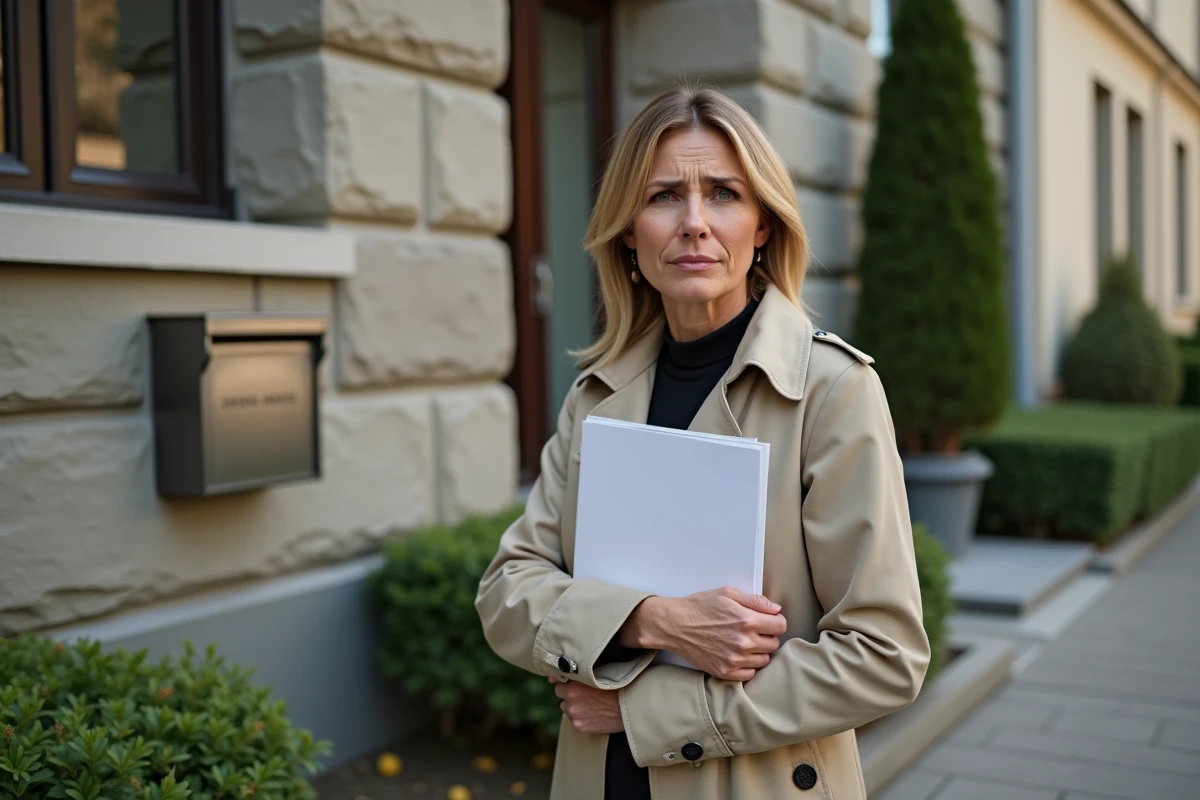 Femme professionnelle avec dossier immobilier devant un bâtiment