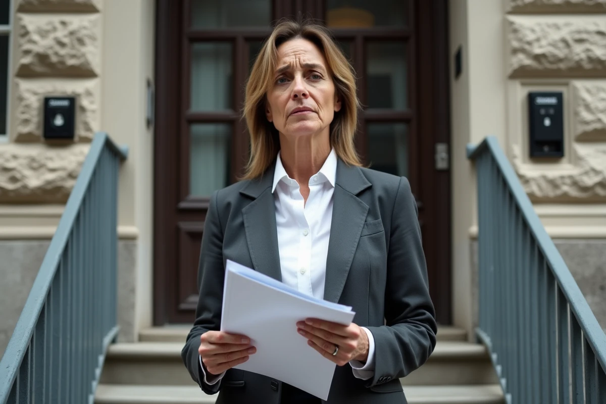 Femme d age moyen tenant un dossier devant un immeuble urbain