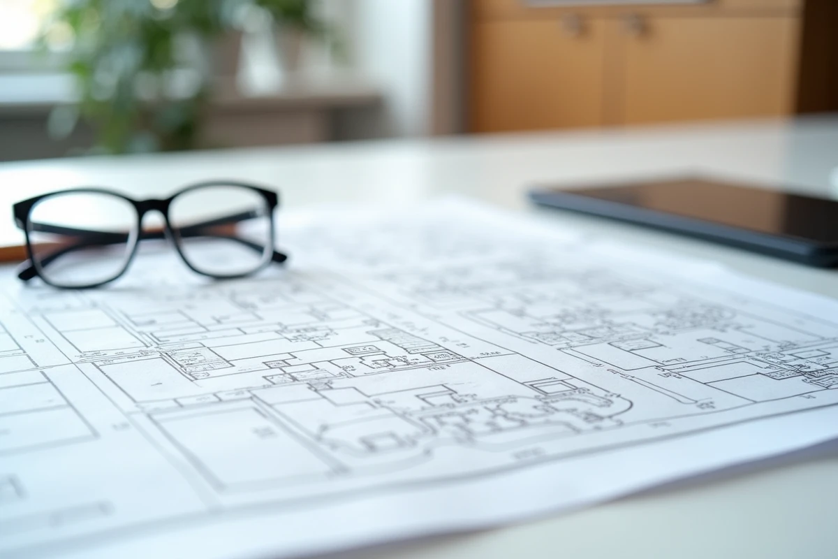 Gros plan sur un certificat d'urbanisme opérationnel posé sur un plan cadastral avec des lunettes de lecture et un crayon d'annotation