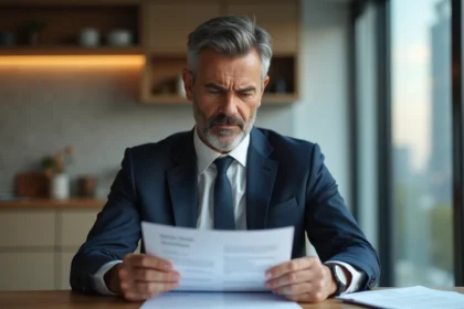 Homme d'affaires en costume regardant des documents immobiliers