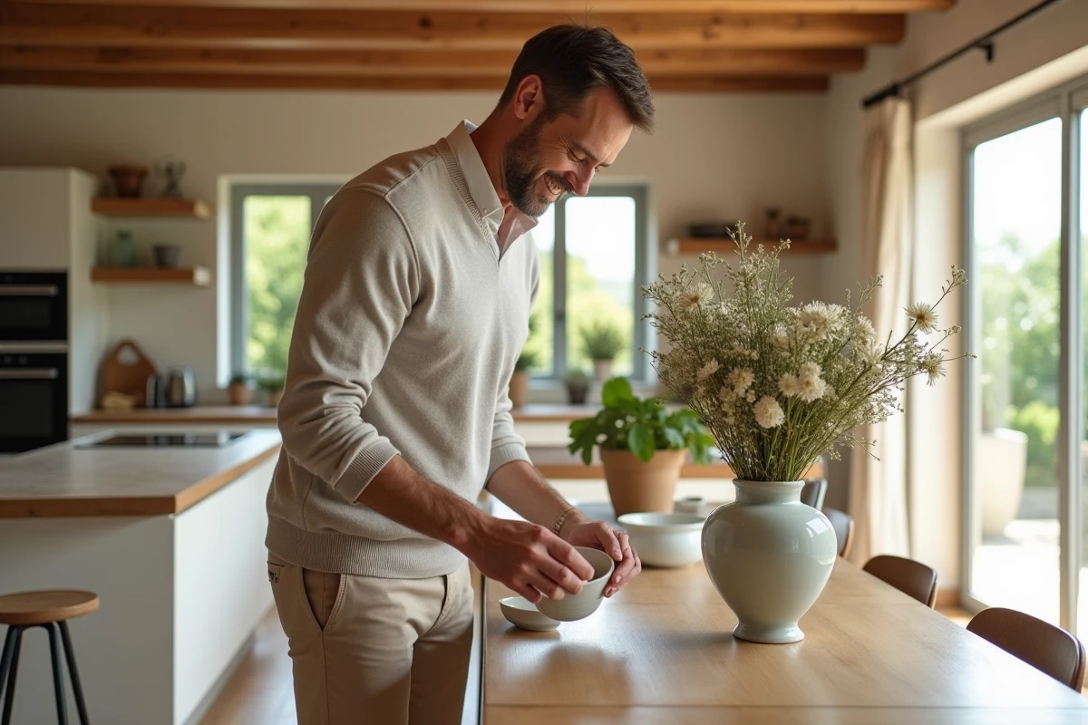 Homme en chinos arrangeant un vase de fleurs dans la cuisine lumineuse