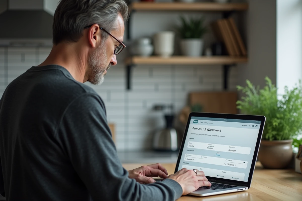 Homme consultant un formulaire en ligne sur ordinateur portable pour remplir une adresse avec numéro d'appartement