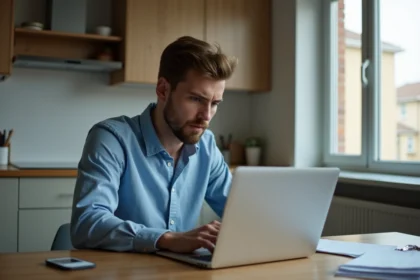 Jeune homme au laptop cherchant une location immobilière