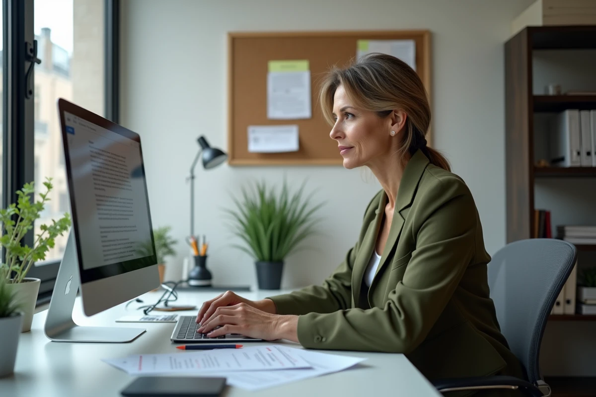 Femme locataire rédigeant une lettre de préavis de résiliation de bail sur ordinateur dans son bureau à domicile