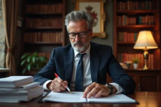 Notaire andorran examinant des documents immobiliers avec attention dans son bureau juridique