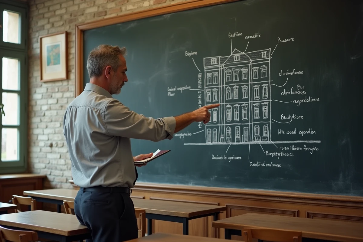 Professeur d'histoire-géographie présentant un schéma annoté d'immeuble haussmannien au tableau de sa salle de classe, outil pédagogique pour l'enseignement secondaire