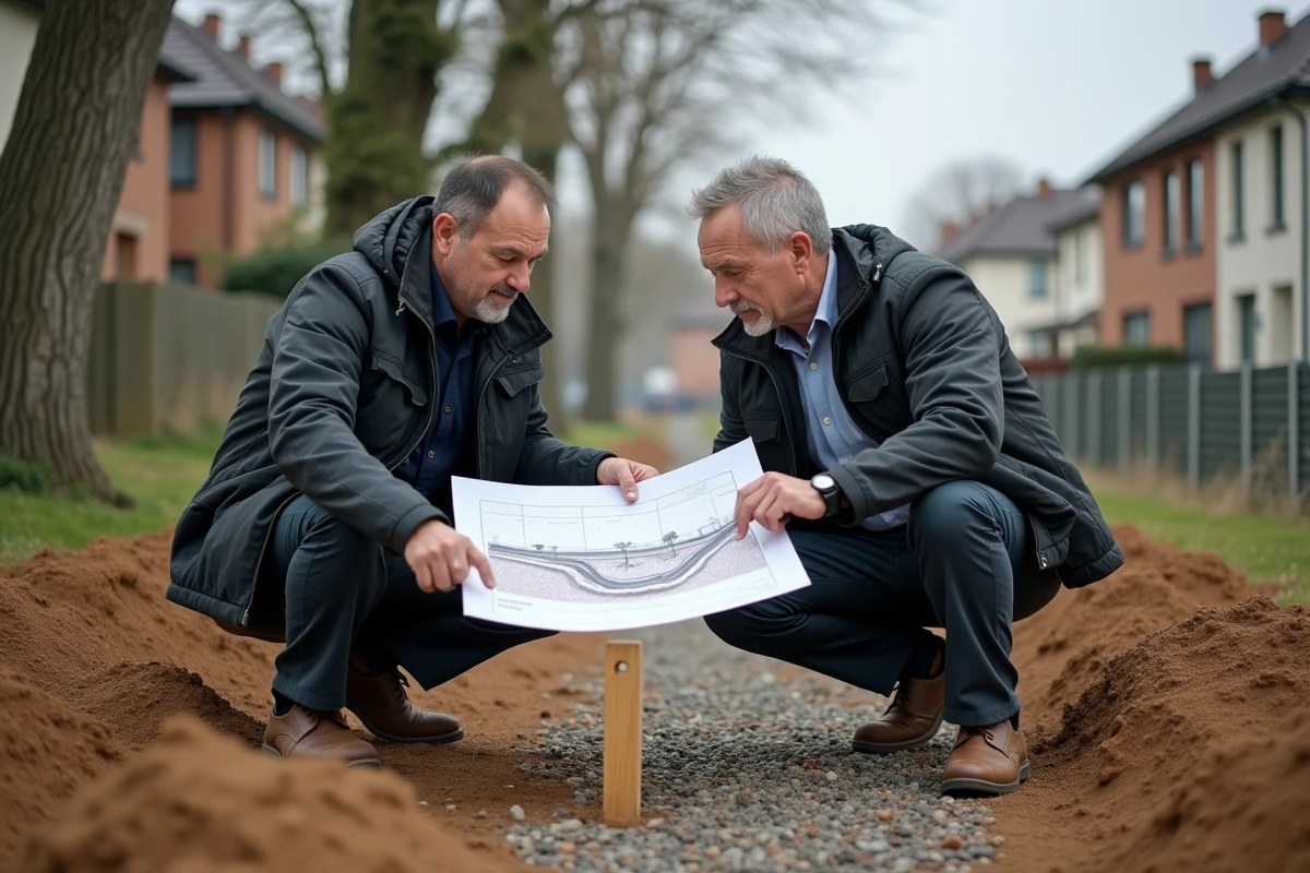 Deux professionnels comparant un plan en coupe imprimé avec le terrain réel lors d'une visite de chantier