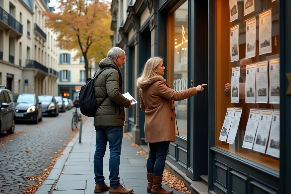 Couple recherchant un appartement à Paris devant une agence immobilière traditionnelle avec vitrines d'annonces