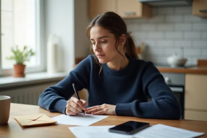 Femme rédigeant une lettre de préavis de départ d'appartement à la main sur une table en bois dans une cuisine moderne