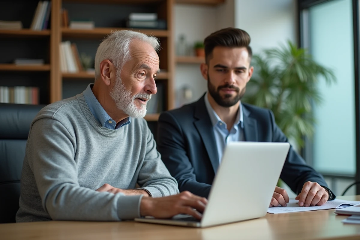 Homme senior consultant un conseiller financier pour une simulation de viager, réunion dans un bureau de notaire moderne