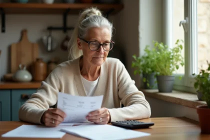 Senior femme de 68 ans examinant des documents de simulation de viager à sa table de cuisine, expression concentrée et sérieuse
