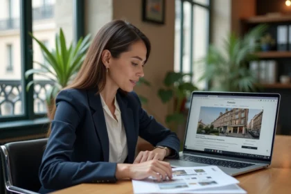Professionnelle immobilière analysant des annonces parisiennes sur un bureau moderne dans un espace de coworking à Paris