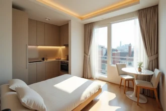 Intérieur d'un studio compact montrant l'espace de vie, la kitchenette et le couchage réunis dans une seule pièce