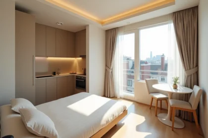 Intérieur d'un studio compact montrant l'espace de vie, la kitchenette et le couchage réunis dans une seule pièce