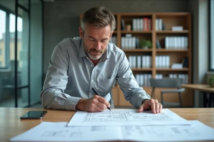 Urbaniste examinant un certificat d'urbanisme opérationnel sur un bureau couvert de plans architecturaux dans un bureau municipal moderne