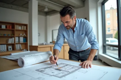 Urbaniste examinant un plan en coupe de terrain sur une table de travail avec les documents du PLU