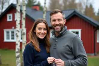 Couple tenant des clés devant une maison traditionnelle suédoise en bois rouge lors d'un achat immobilier