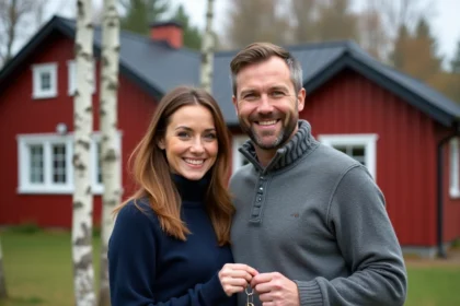 Couple tenant des clés devant une maison traditionnelle suédoise en bois rouge lors d'un achat immobilier