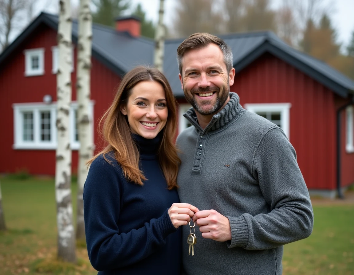 Couple tenant des clés devant une maison traditionnelle suédoise en bois rouge lors d'un achat immobilier