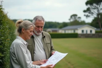 Couple examinant un plan de parcelle dans un parc résidentiel de loisirs en Bretagne