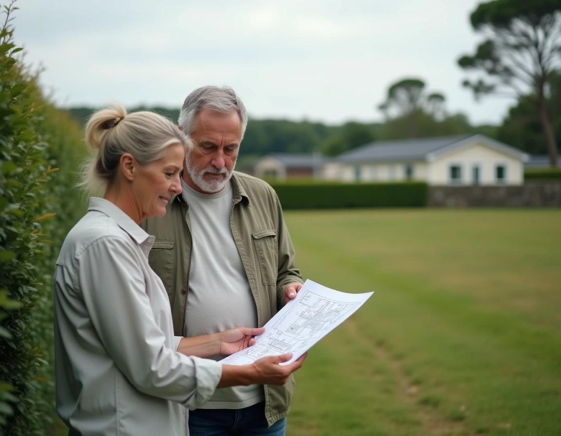 Couple examinant un plan de parcelle dans un parc résidentiel de loisirs en Bretagne