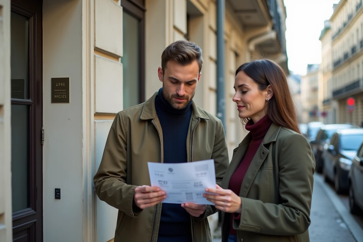 Couple d'acheteurs immobiliers consultant l'étiquette DPE d'un immeuble haussmannien à vendre