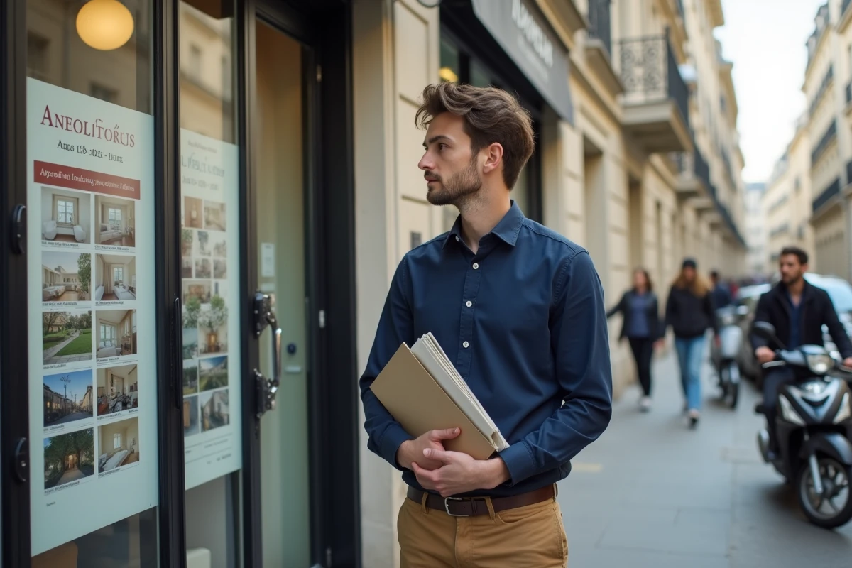 Homme devant une agence immobilière parisienne consultant les annonces de location affichées en vitrine