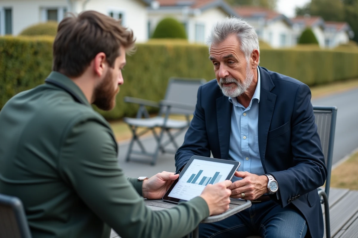 Agent immobilier présentant une estimation de valeur d'un mobil-home d'occasion à un acheteur potentiel