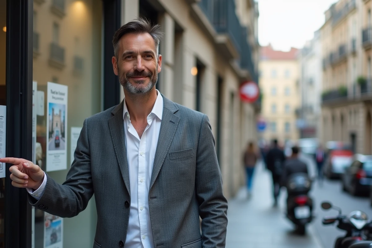 Agent immobilier devant une agence en zone tendue avec annonce de location affichée