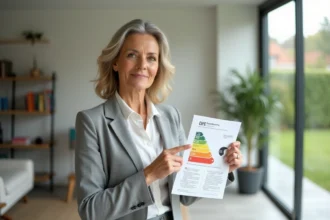 Femme agent immobilière tenant un document DPE avec échelle de notation énergétique dans un salon moderne