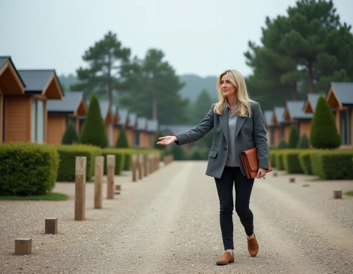 Agent immobilier présentant une parcelle vide dans un parc résidentiel de loisirs breton