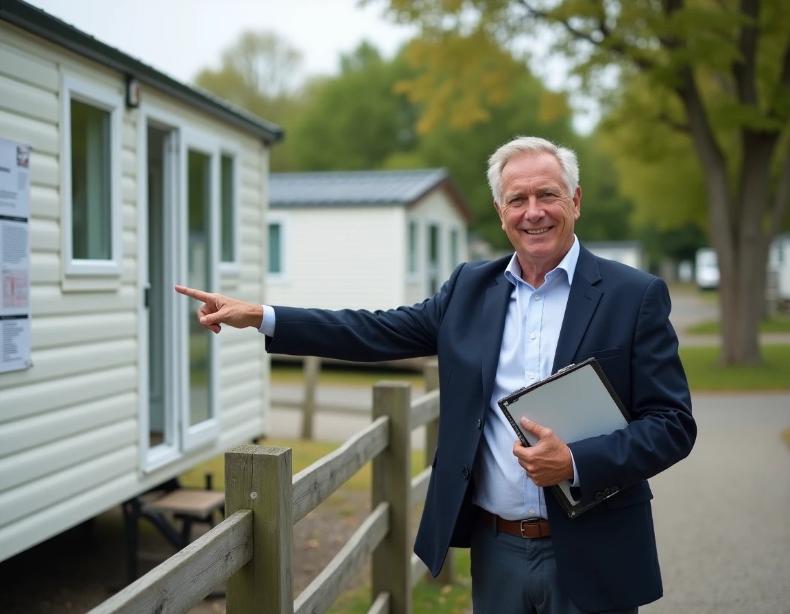 Agent immobilier présentant les règles d'un terrain de parc de mobil homes