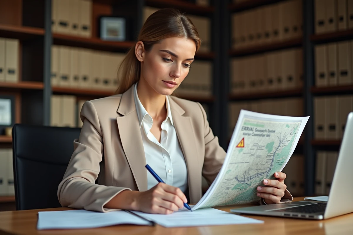 Agente immobilière analysant un document ERRIAL géorisques et une carte cadastrale sur son bureau dans une agence immobilière
