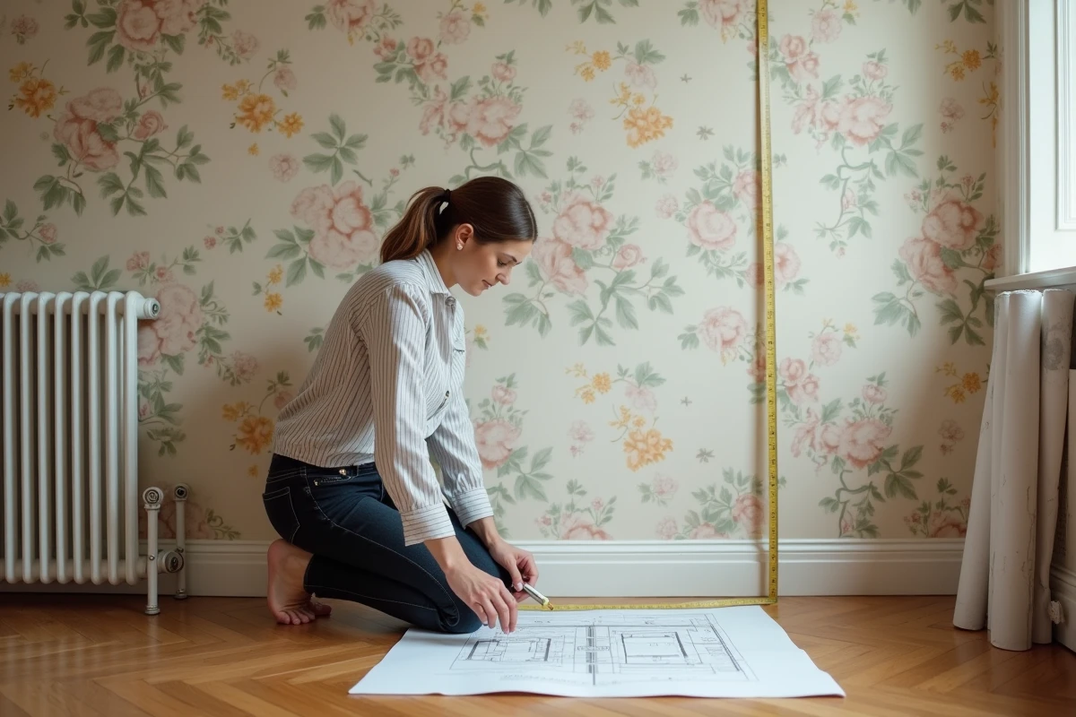 Femme calculant la surface d'un mur pour poser du papier peint dans un salon à rénover