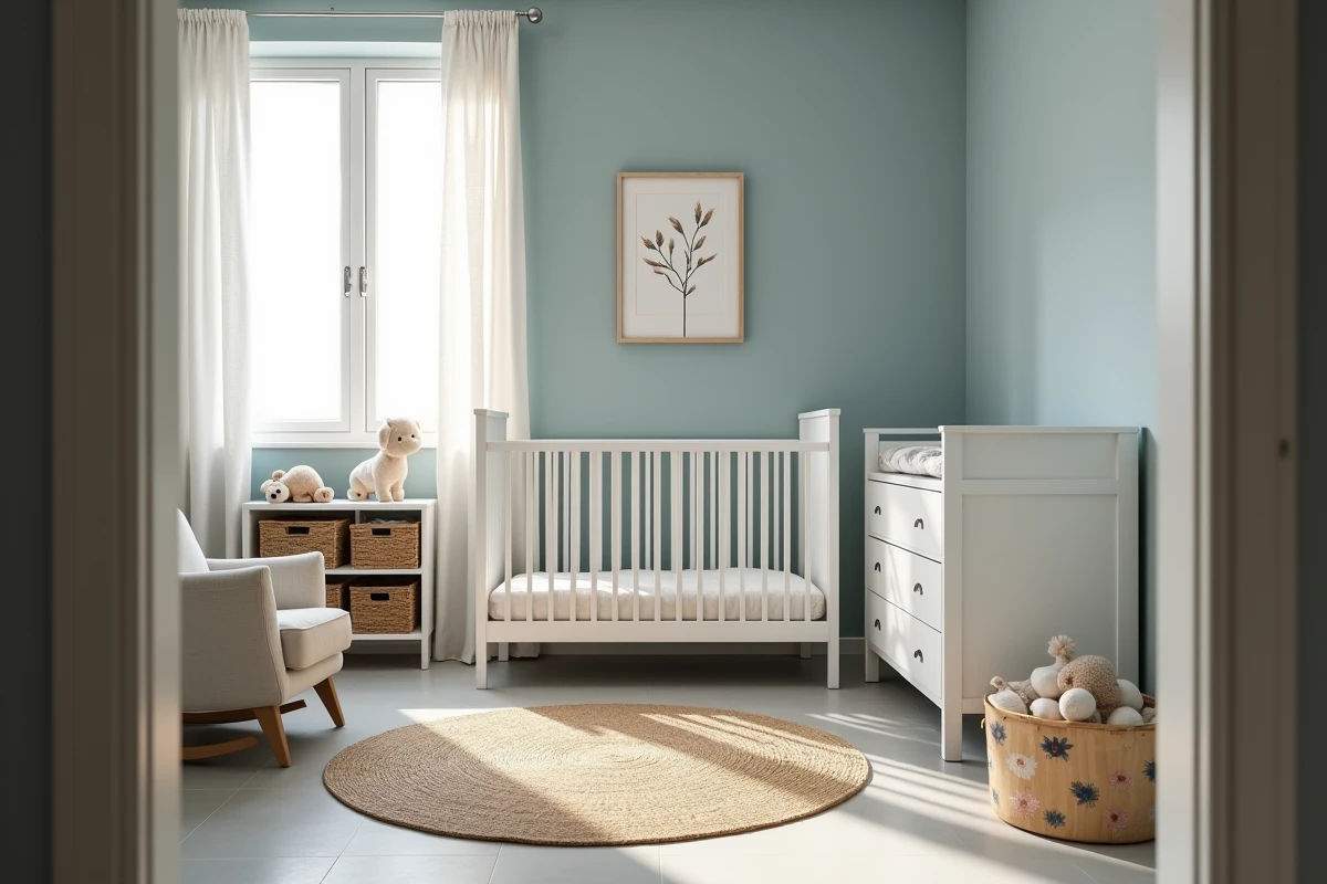 Chambre de bébé entièrement aménagée dans un appartement T3, avec un lit à barreaux blanc, une table à langer et un fauteuil à bascule dans un espace optimisé
