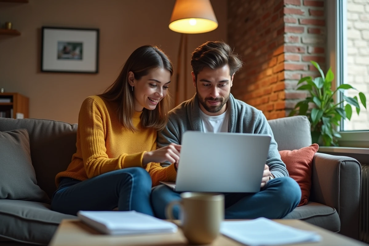 Deux colocataires recherchant un appartement en ligne à Paris via une plateforme d'annonces immobilières