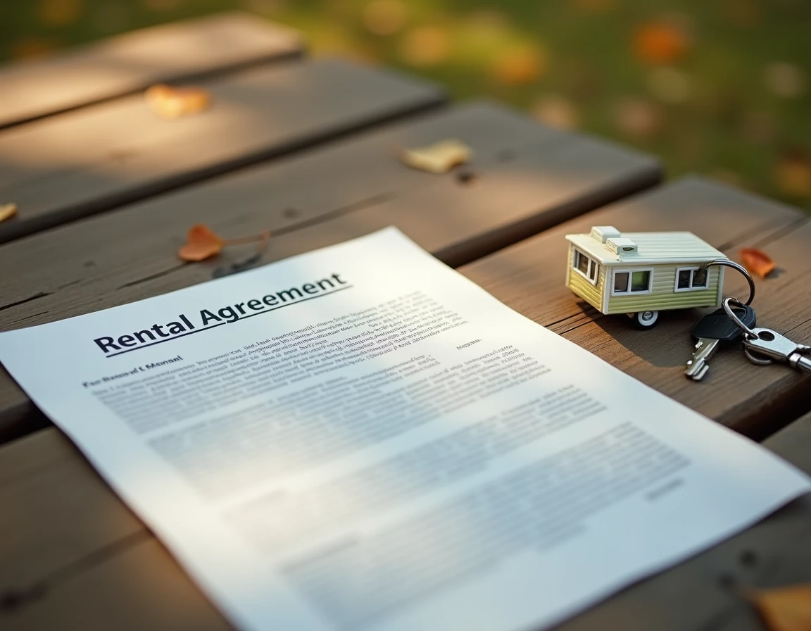 Contrat de location de terrain de mobil home avec clés et modèle miniature sur table en bois