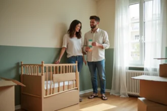Jeune couple aménageant une chambre d'enfant dans un appartement T3, tenant des échantillons de peinture et un montant de lit bébé