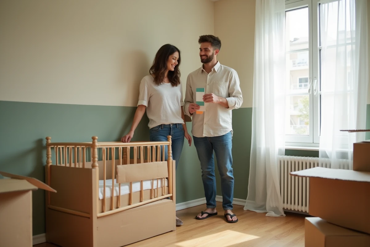 Jeune couple aménageant une chambre d'enfant dans un appartement T3, tenant des échantillons de peinture et un montant de lit bébé