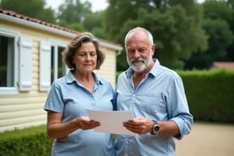 Couple examinant un contrat devant un mobil home dans un parc résidentiel de loisirs